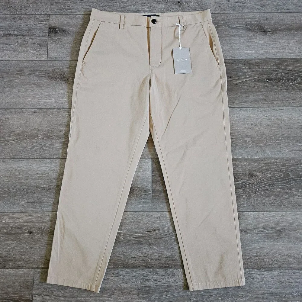 EVERLANE Uniform Mens Performance Chino Pants 34x28 Tan Khaki Athletic Fit NWT